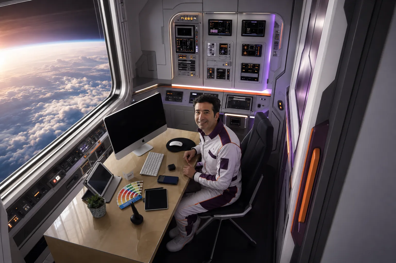 César Sánchez trabajando en su mesa dentro de una nave espacial preparada para despegar
